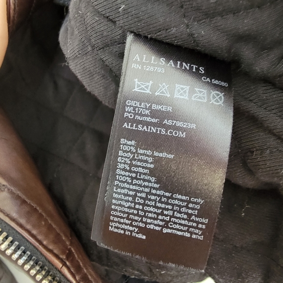 All Saints Gidley Biker Jacket Lamb Leather Chocolate Brown Size US 2 - Picture 6 of 6